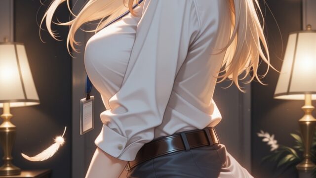 羽根舞うランプの夜に白シャツとタイトスカートのOLのAIイラスト｜Dreamy Night Office Lady Anime Art