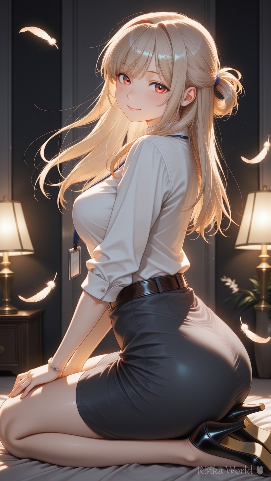 夜の寝室でベッドに座るOLコーデの美少女イラスト - anime girl in white shirt and pencil skirt kneeling on bed, warm lamp lighting, feathers, cozy night aesthetic anime art