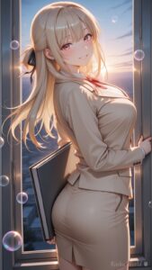 anime girl in beige office suit glancing back by a sunset window, city skyline, soft backlighting, dreamy anime illustration
