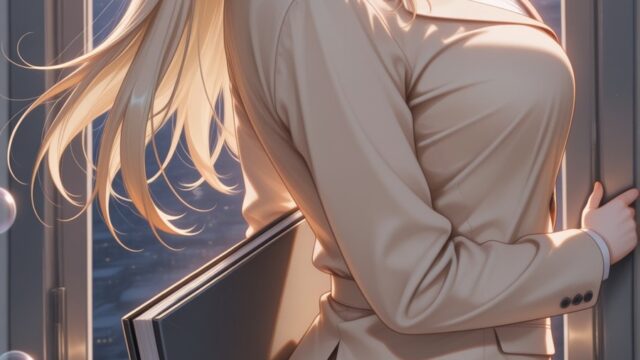 夕焼けの高層階の窓辺で佇むベージュスーツOLのAIイラスト｜Sunset Office Window Anime Art