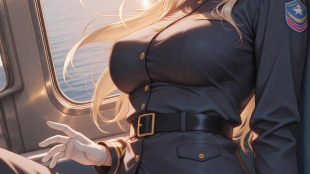 夕陽の機窓で佇むパイロット制服のAIイラスト｜Golden Hour Cabin Window Pilot Anime Art