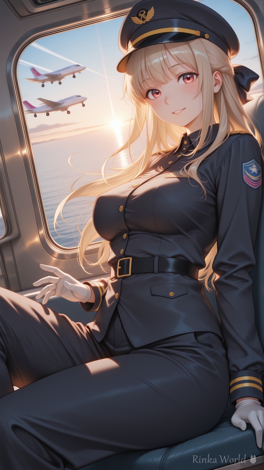 夕陽の機窓で佇むパイロット制服のAIイラスト|Golden Hour Cabin Window Pilot Anime Art