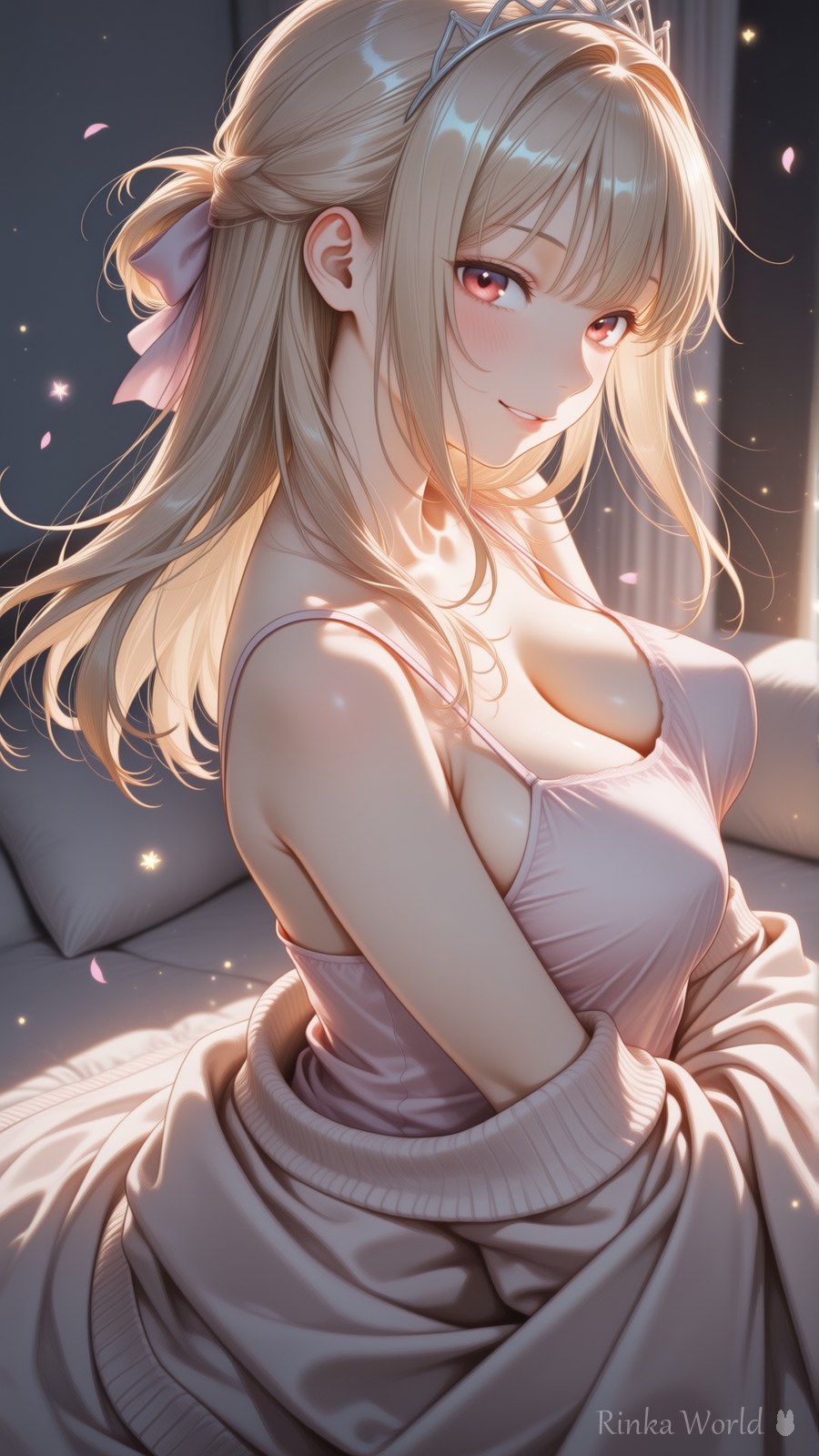 花びら舞う夜のソファとピンクキャミソール部屋着のAIイラスト|Petal Couch Camisole Anime Art
