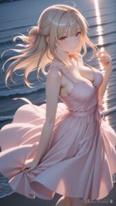 波打ち際でそっと揺れるピンクワンピースのAIイラスト｜Golden Wind Pink Dress Anime Art