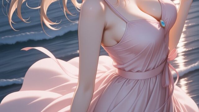 波打ち際でそっと揺れるピンクワンピースのAIイラスト｜Golden Wind Pink Dress Anime Art