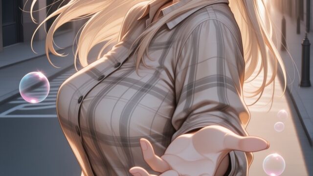 夕暮れの街角でシャボン玉とチェックワンピースのAIイラスト｜Golden Hour Plaid Dress Anime Art