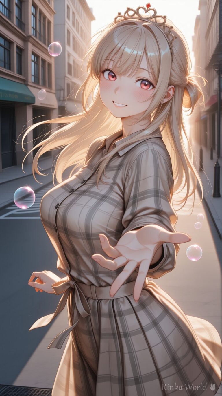 anime girl in plaid dress with heart tiara, soap bubbles, golden hour city street, dreamy aesthetic anime art