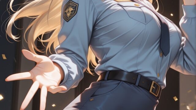 オフィスに紙吹雪が舞う婦警コスチュームのAIイラスト｜Office Police Uniform Anime Art