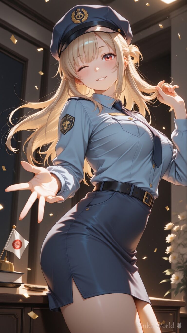 anime girl in navy police uniform winking indoors with falling confetti, warm office lighting, aesthetic anime illustration