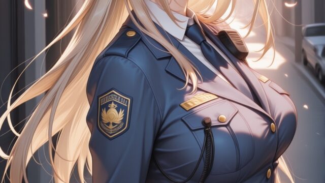 夕暮れの街角と婦警コスプレのAIイラスト｜Golden Hour Street Police Uniform Anime Art