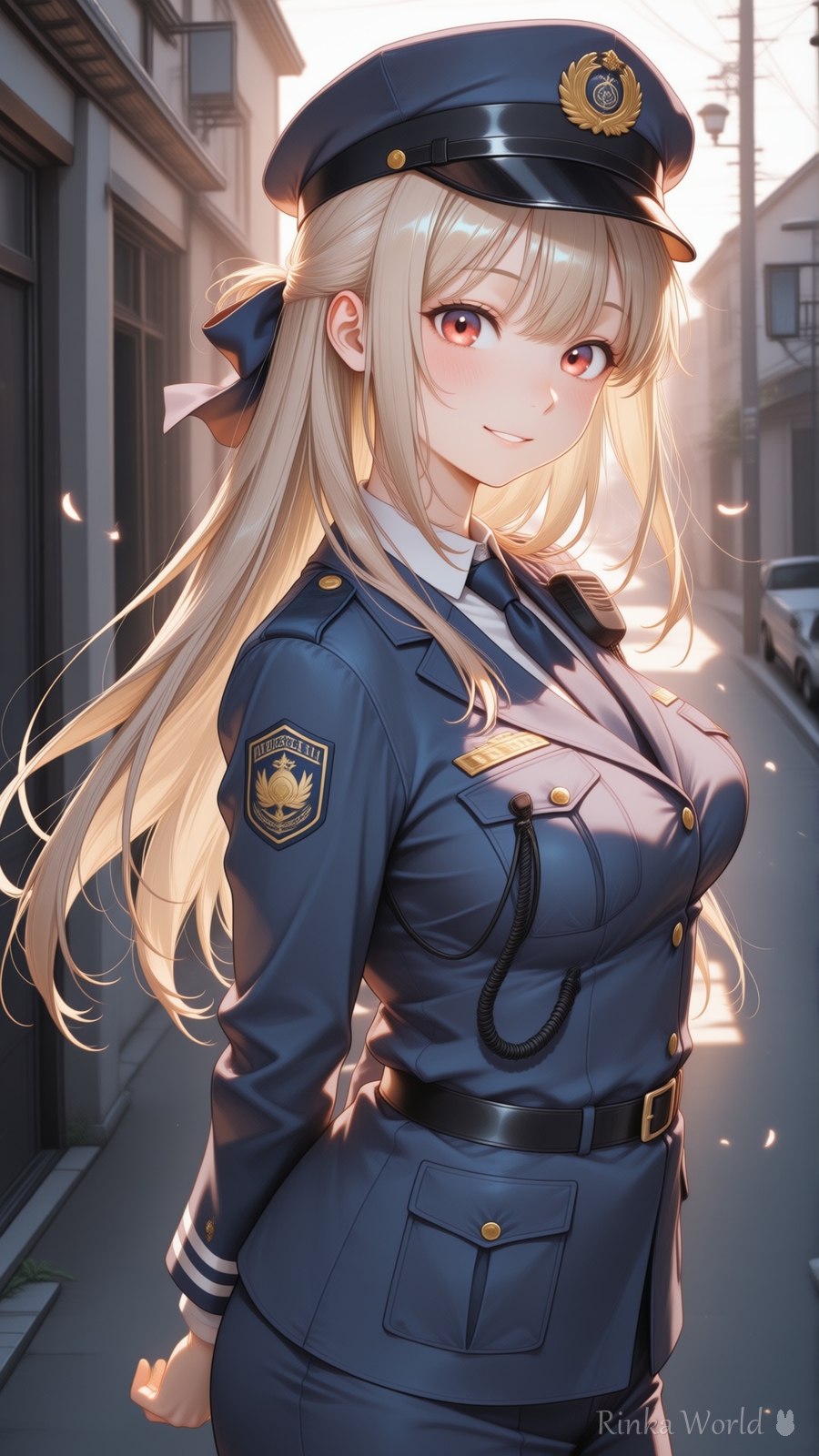 夕暮れの街角と婦警コスプレのAIイラスト｜Golden Hour Street Police Uniform Anime Art