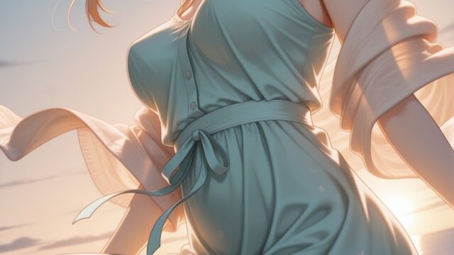 夕暮れの海辺で潮風にそよぐ花柄ワンピースのAIイラスト｜Golden Hour Seaside Sage Dress Anime Art