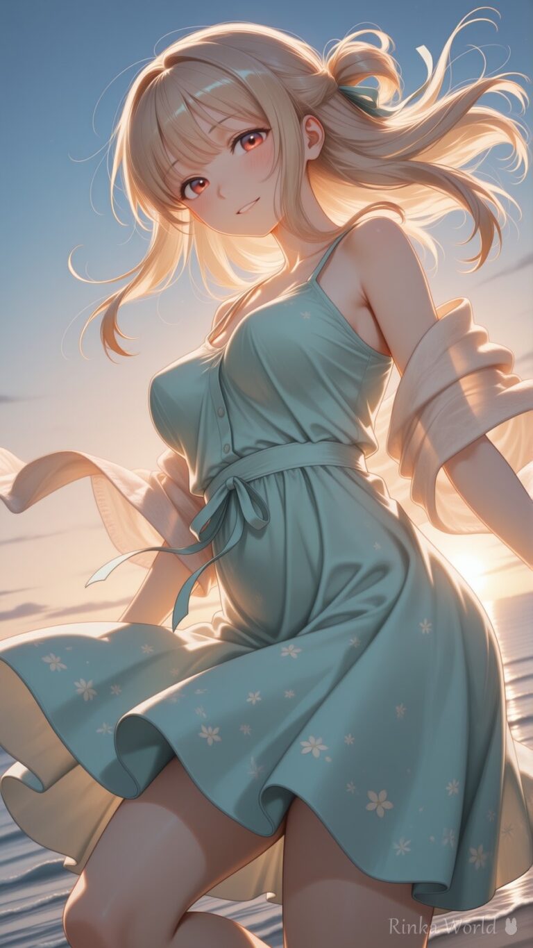 anime girl in sage green floral dress on windswept beach, golden hour lighting, dreamy aesthetic illustration