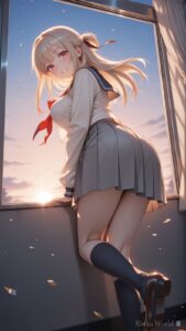 anime girl in sailor uniform sitting on a sunset window ledge, golden backlight, dreamy aesthetic anime illustration