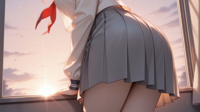 夕日の差し込む窓辺とセーラー服のAIイラスト｜Sunset Window Sailor Uniform Anime Art