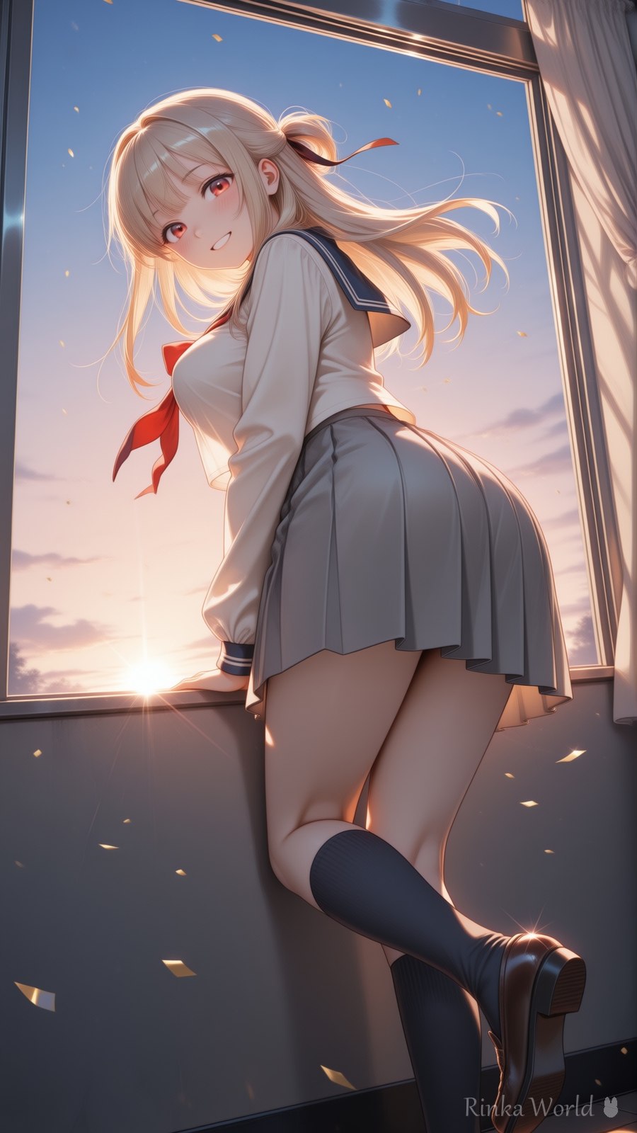 夕焼けの窓辺でふり返るセーラー服の女の子 - anime girl in sailor uniform sitting on a sunset window ledge, golden backlight, dreamy aesthetic anime illustration