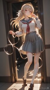 扉から差し込む光と白リボン｜Sailor Uniform Anime Art in a Dreamy Sunlit Doorway
