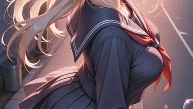 夕暮れの通学路でふり返るセーラー服のAIイラスト｜Golden Hour Sailor Uniform Anime Art