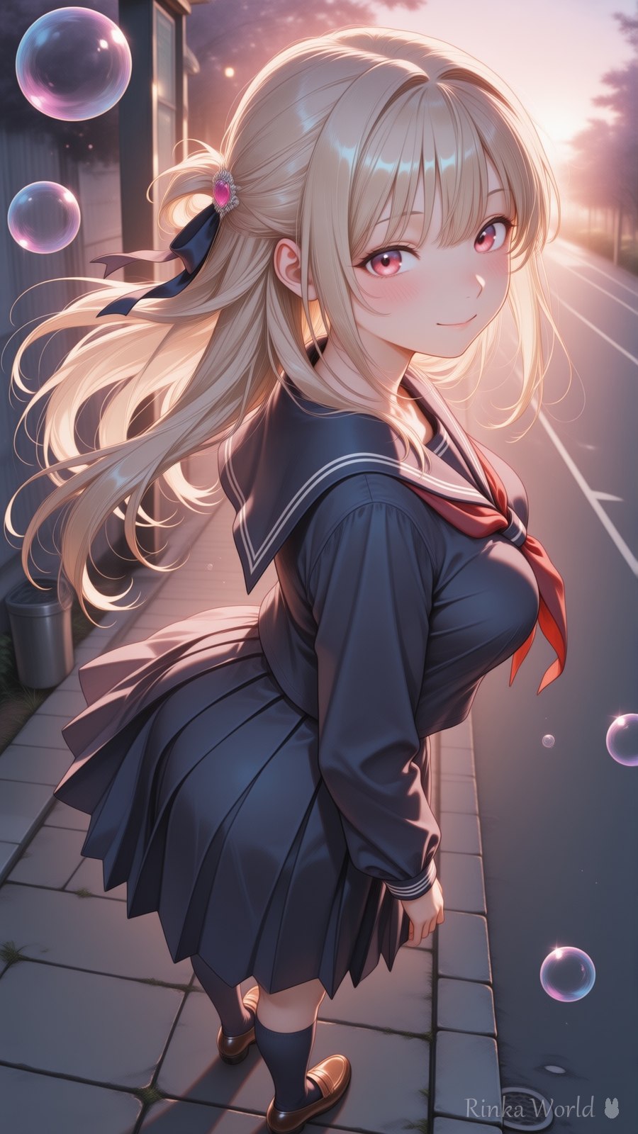 夕暮れの通学路でふり返るセーラー服のAIイラスト|Golden Hour Sailor Uniform Anime Art