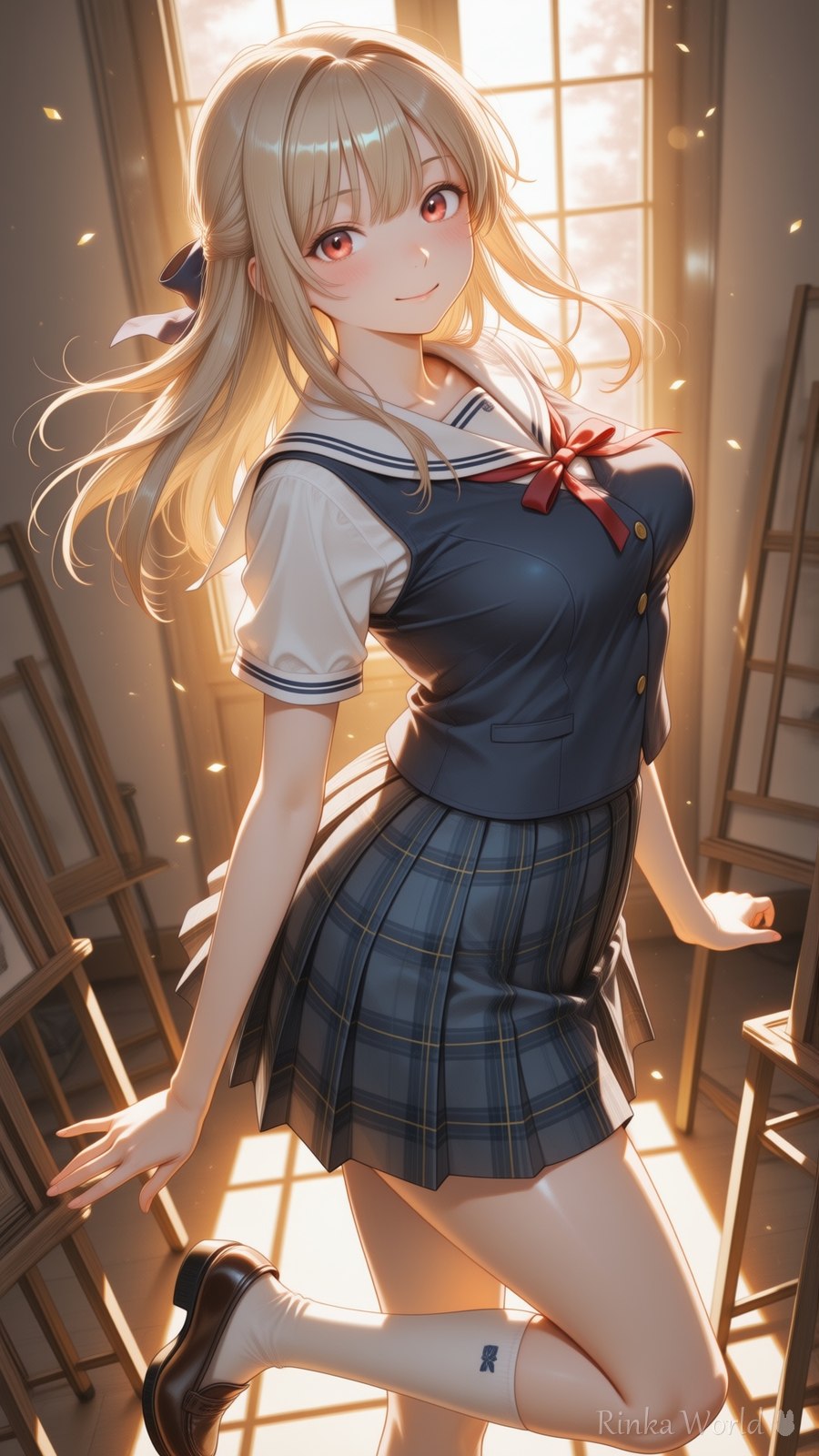 陽だまりの美術室で弾むセーラー服のAIイラスト|Sunlit Art Room Sailor Uniform Anime Art
