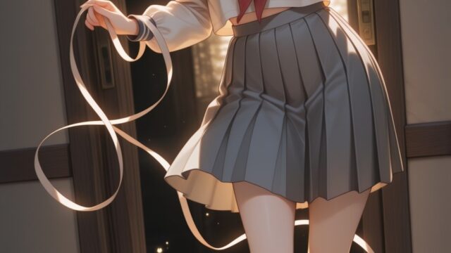 扉から光が差し込む白リボンのセーラー服のAIイラスト｜Sunlit Doorway Sailor Uniform Anime Art