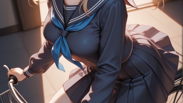 光あふれる夕暮れの自転車とセーラー服のAIイラスト｜Golden Hour Bicycle Sailor Uniform Anime Art