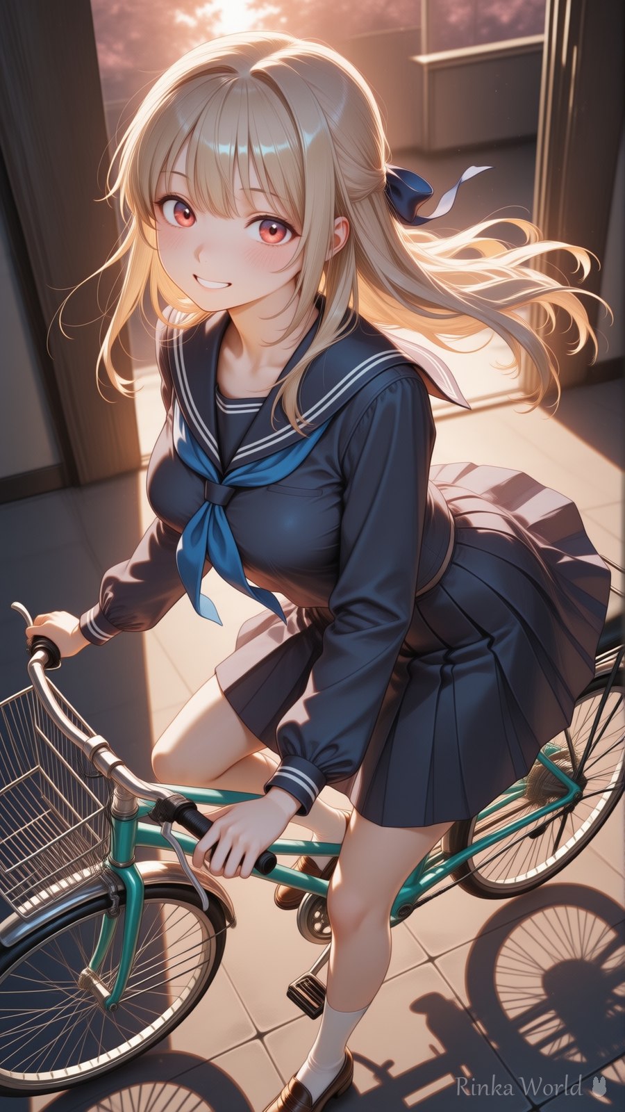 自転車に乗るセーラー服の少女のAIイラスト - anime girl in sailor uniform leaning on a bicycle, golden hour light through doorway, dreamy aesthetic anime art