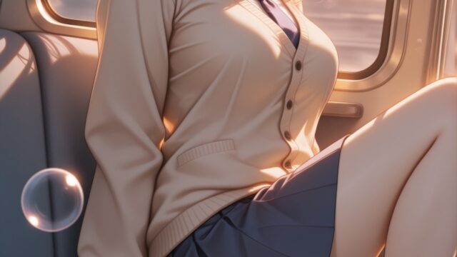 夕陽が差し込む電車の窓辺と制服女子のAIイラスト｜Train Window School Uniform Anime Art