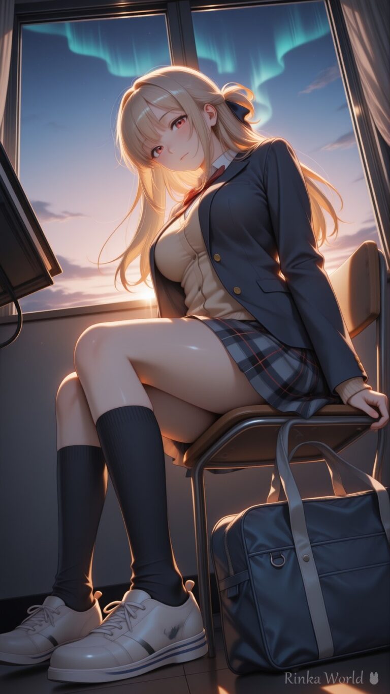 cute anime girl in school uniform sitting by a window with aurora borealis, dreamy night lighting, anime wallpaper aesthetic