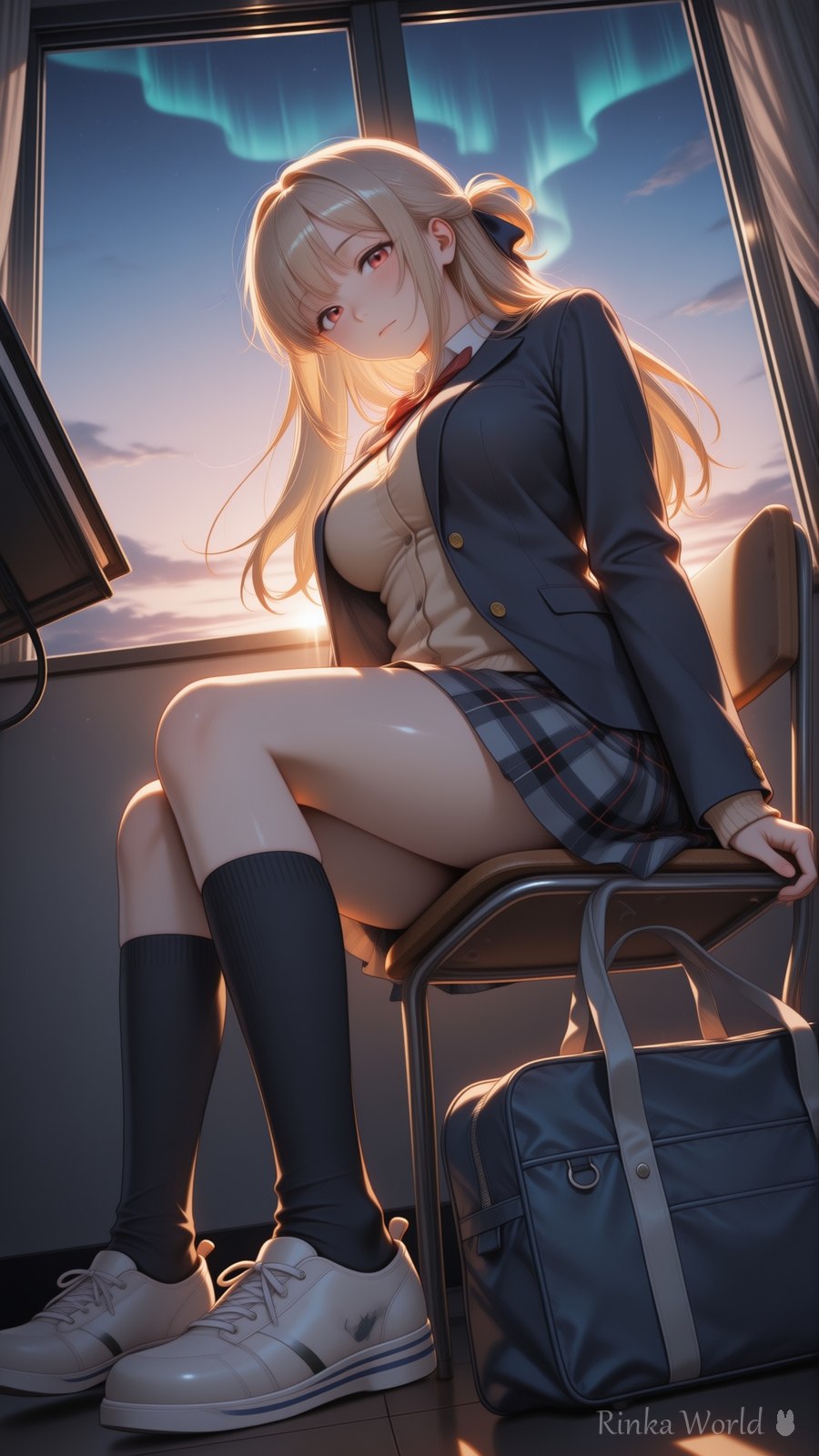 オーロラの窓辺で微笑む制服姿のAIイラスト - cute anime girl in school uniform sitting by a window with aurora borealis, dreamy night lighting, anime wallpaper aesthetic
