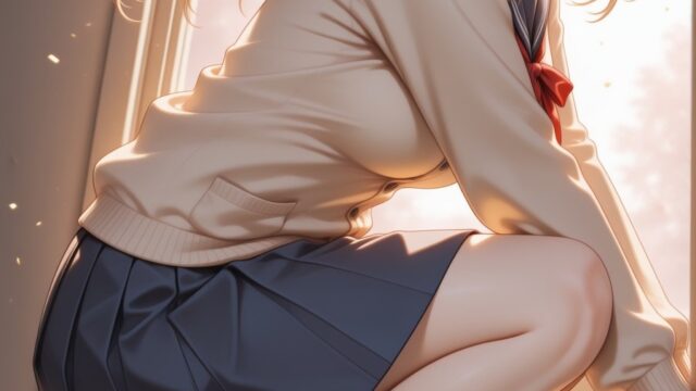 陽だまりの窓辺で猫とくつろぐ制服少女のAIイラスト｜Sunlit Window Cat School Uniform Anime Art
