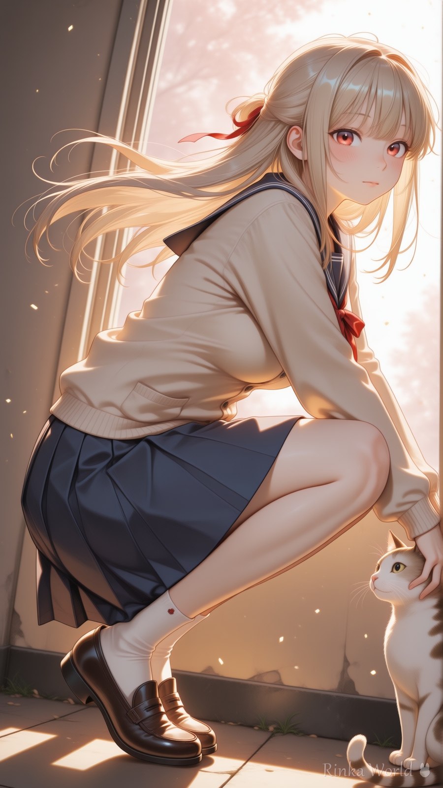 陽だまりの窓辺で猫とくつろぐ制服少女のAIイラスト|Sunlit Window Cat School Uniform Anime Art