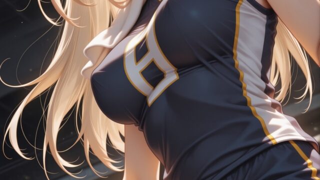 体育館の光あふれるバレーボールユニフォームのAIイラスト｜Volleyball Anime Girl Under Gym Lights