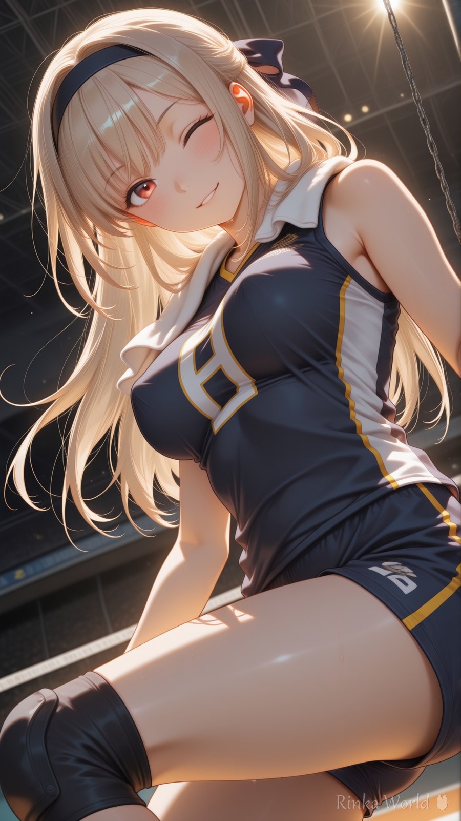 体育館の光あふれるバレーボールユニフォームのAIイラスト|Volleyball Anime Girl Under Gym Lights