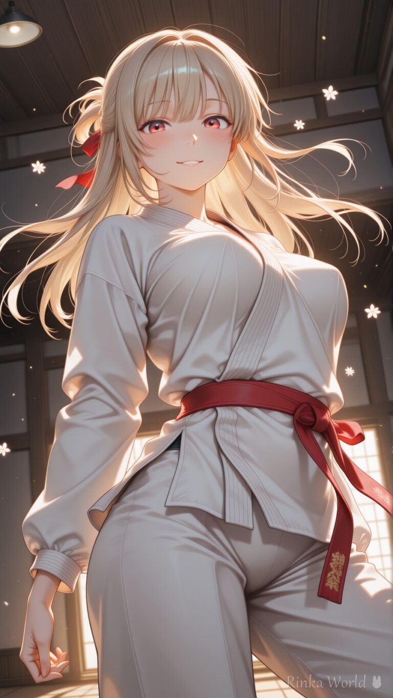 anime girl in white haori with red obi sash, japanese room, warm backlight, dreamy aesthetic anime art