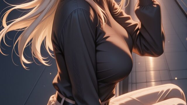 夕暮れの街角で振り返るつば広帽子コーデのAIイラスト｜Golden Hour Wide-Brim Hat Anime Art