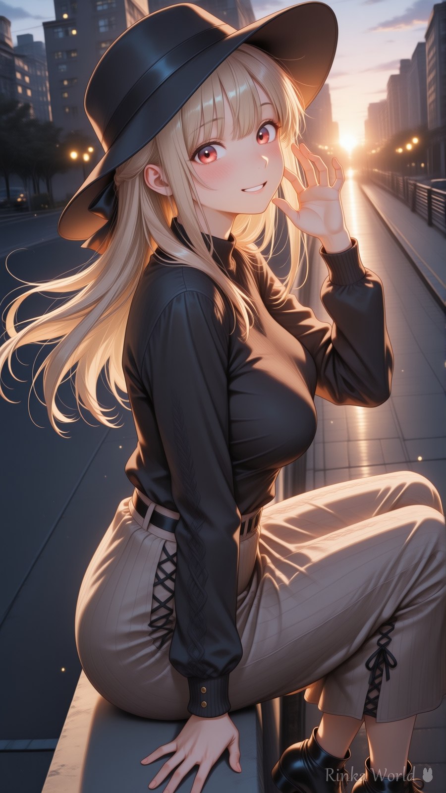 夕暮れの街角で帽子に触れる女の子のAIイラスト - anime girl in wide brim hat sitting on railing, golden hour city street, warm backlight, aesthetic anime wallpaper
