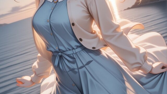 夕暮れの桟橋で風にそよぐ水色ワンピースのAIイラスト｜Golden Hour Pier Blue Dress Dreamy Anime Art
