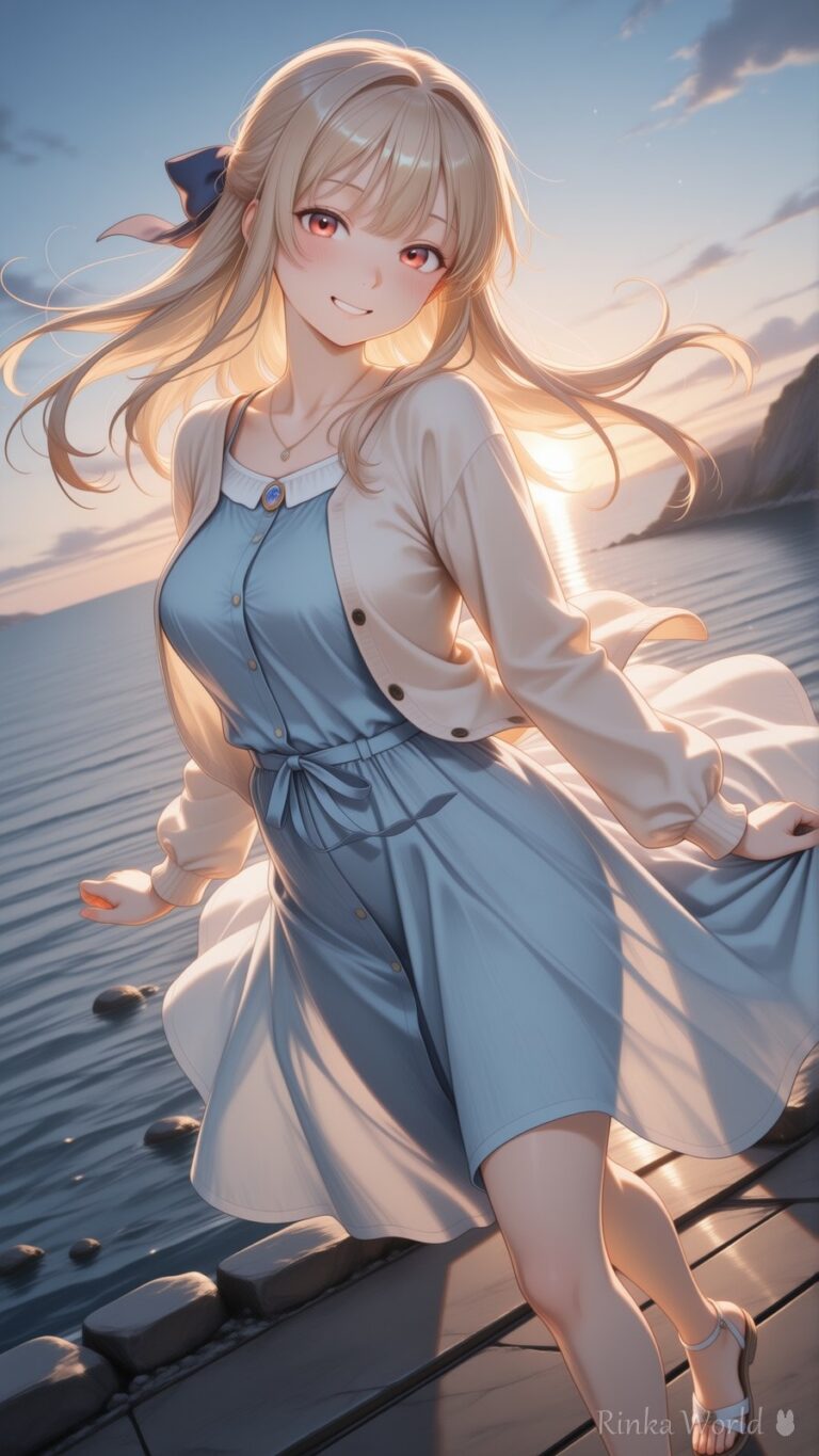 anime girl in a light blue dress and cardigan standing on a wooden pier at sunset, windswept blonde hair, golden hour lighting, dreamy anime wallpaper