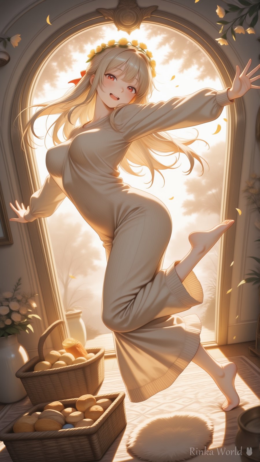 光きらめく朝のアーチと花冠ニットドレスのAIイラスト|Golden Archway Flower Crown Anime Art