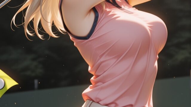 朝の芝生でスイングするゴルフウェアの女の子のAIイラスト｜Radiant Fairway Golf Swing Anime Art