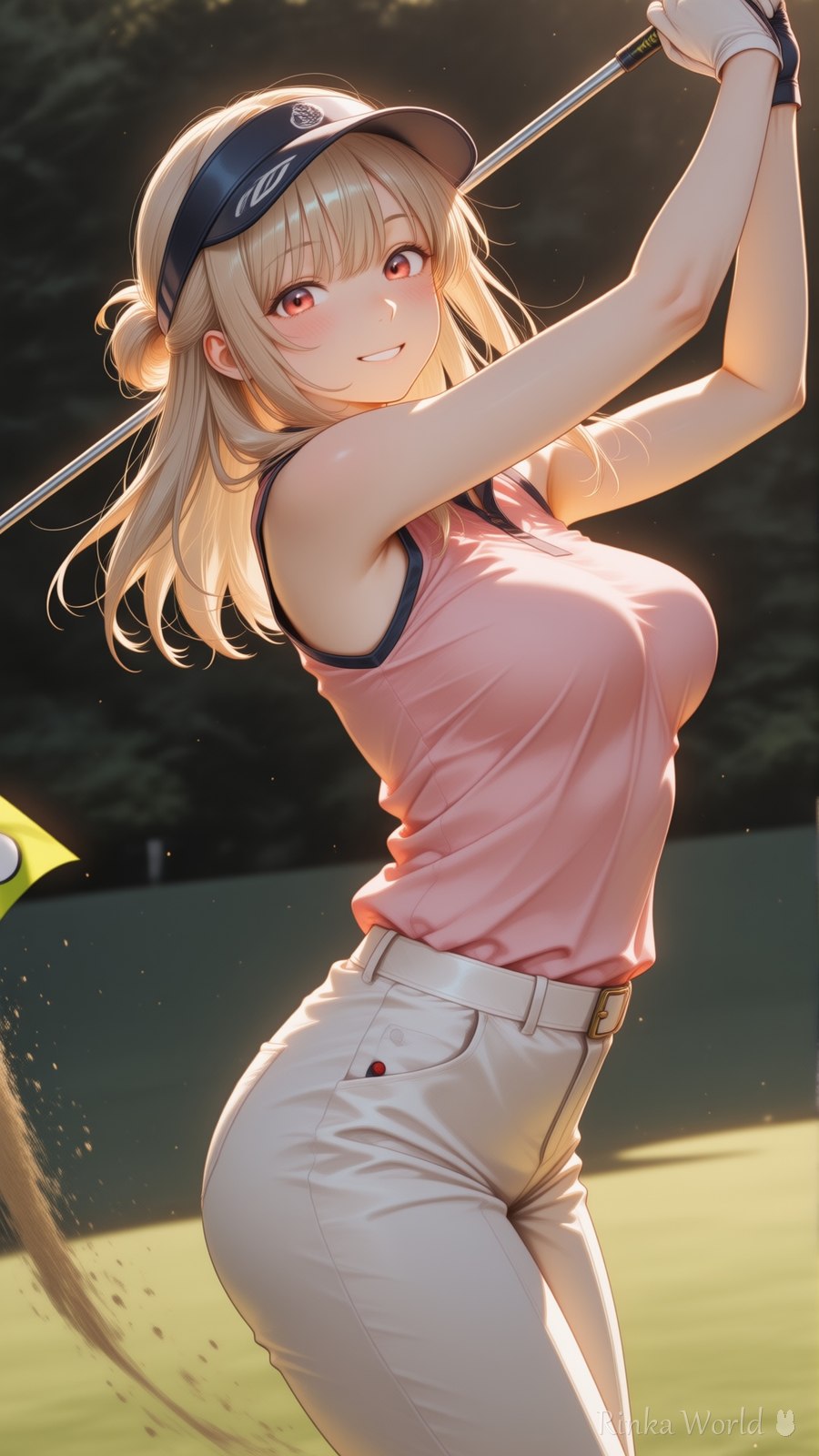 ゴルフスイングするピンクコーデの女の子AIイラスト - cute anime girl golfing mid-swing, pink tank top, sunlit fairway, dreamy sporty anime art