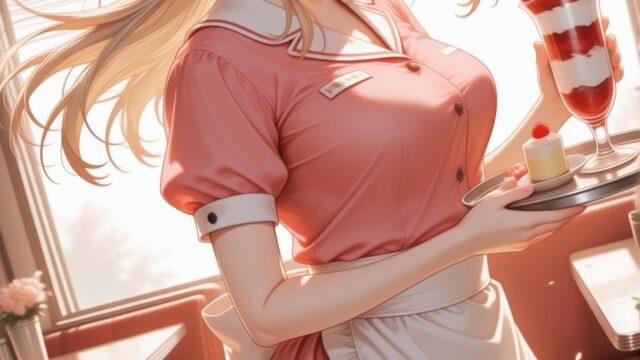 喫茶店でいちごパフェを運びウインクするメイド服のAIイラスト｜Vintage Diner Maid Anime Art