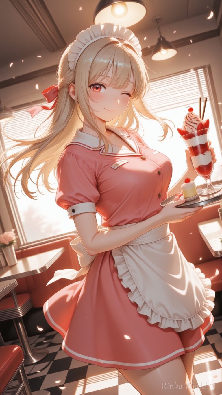 anime girl in pink maid outfit serving strawberry parfait in retro diner, warm sunlight, cute anime illustration