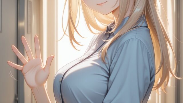 陽ざし差す病院の廊下で手を振るナース服のAIイラスト｜Gentle Sunlit Hospital Corridor Anime Art