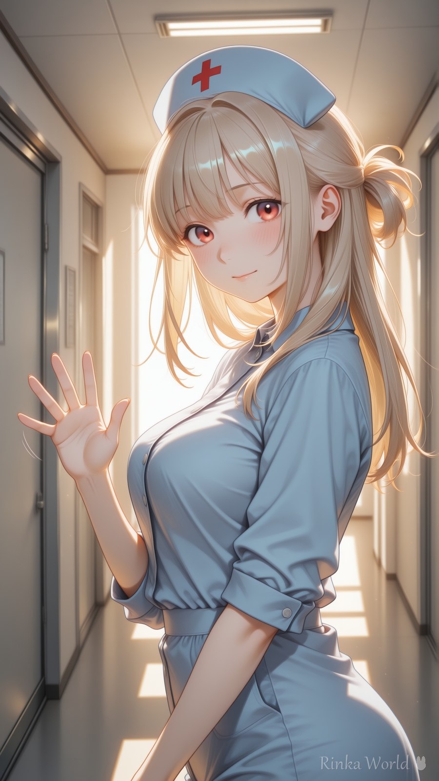 廊下で手を振るナース服のAIイラスト - anime girl in a nurse outfit waving in a sunlit hospital corridor, soft morning light, dreamy anime illustration