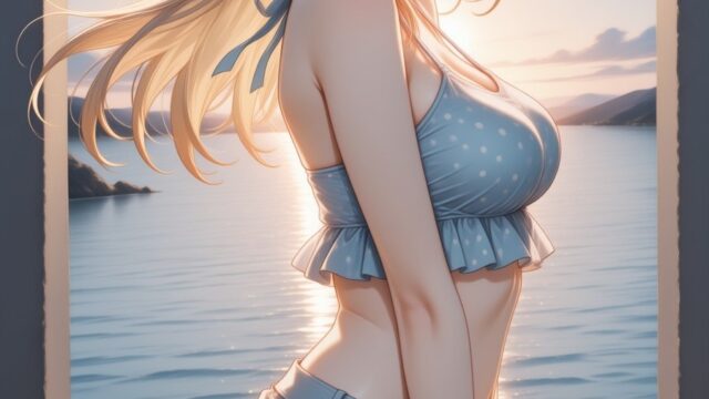 海辺の石造りアーチと水玉コーデのAIイラスト｜Dreamy Polka Dot Seaside Arch Anime Art