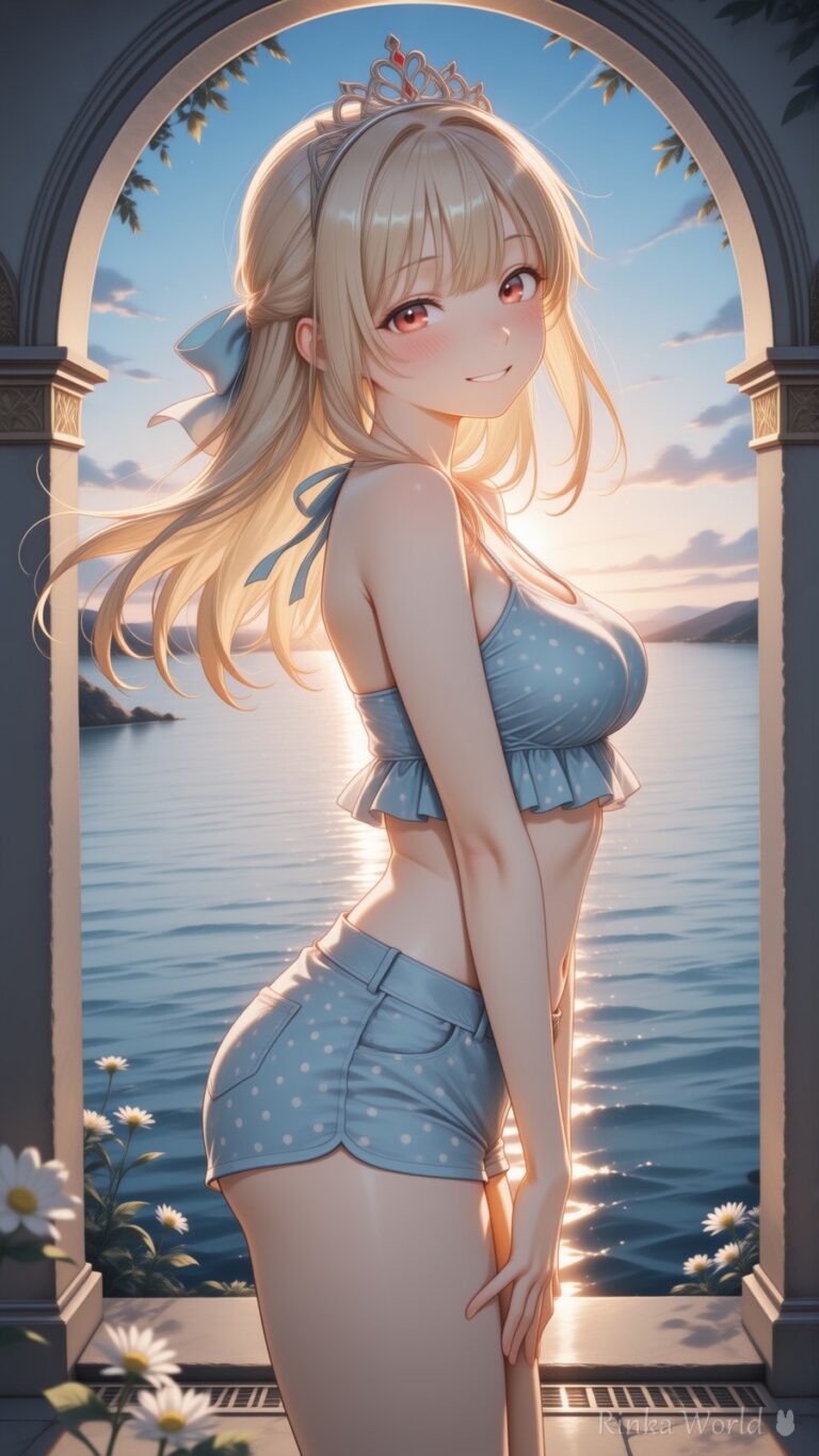 anime girl in polka dot crop top and tiara standing in stone archway, golden hour sunset seaside, dreamy aesthetic anime art