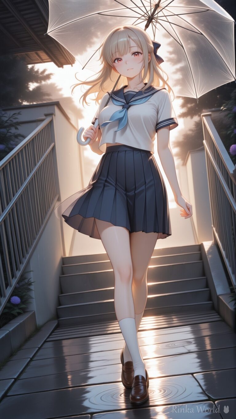 anime girl in sailor uniform holding a clear umbrella on stone stairs at night, wet pavement reflection, dreamy anime art wallpaper