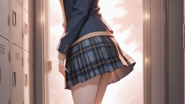 夕陽差し込む下駄箱で振り返るブレザー制服のAIイラスト｜Golden Hour Shoe Locker Anime Art